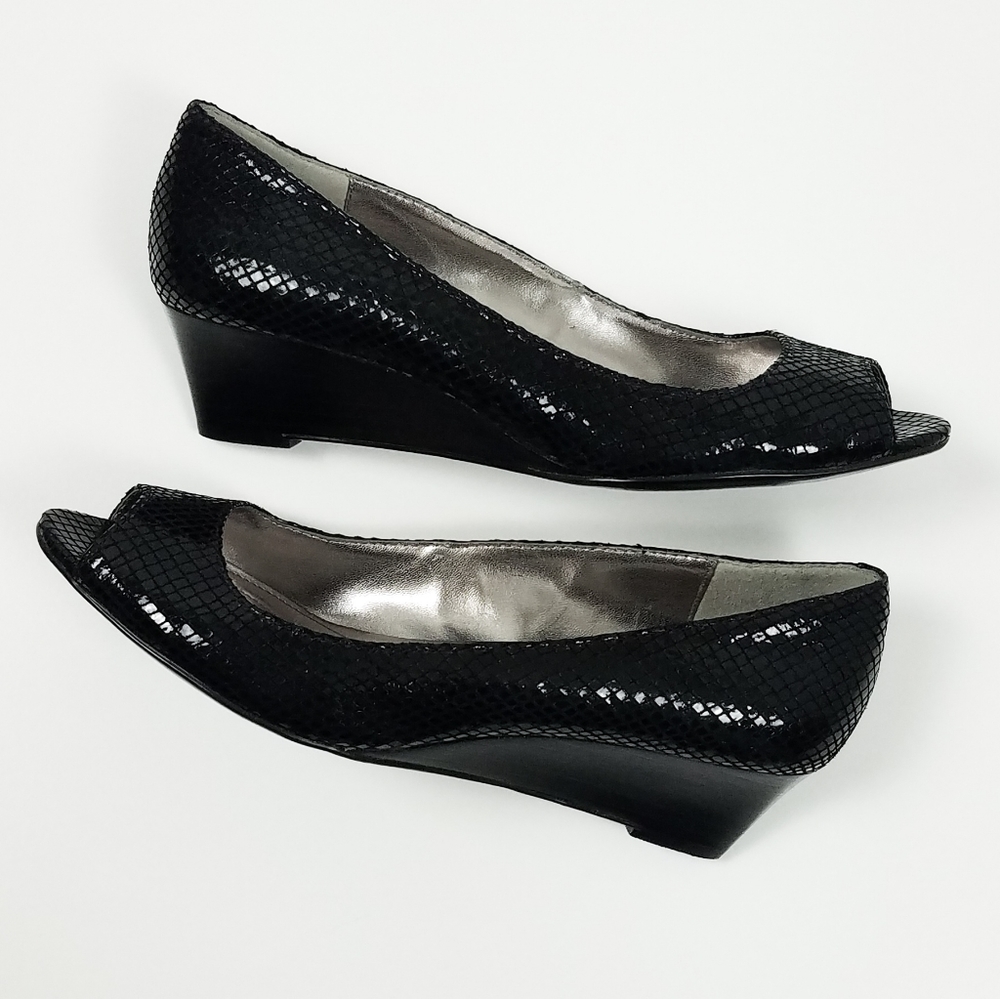 Calvin Klein Bree Wedge Black Snake print peep toe